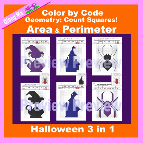 Halloween Color by Code: Area and Perimeter: Count Squares Bundle 3 in 1's featured image