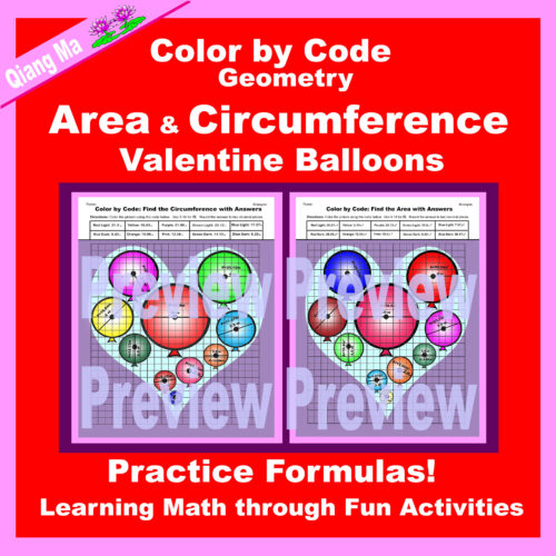 Valentine Color by Code: Area and Circumference: Practice Formulas: Balloons's featured image