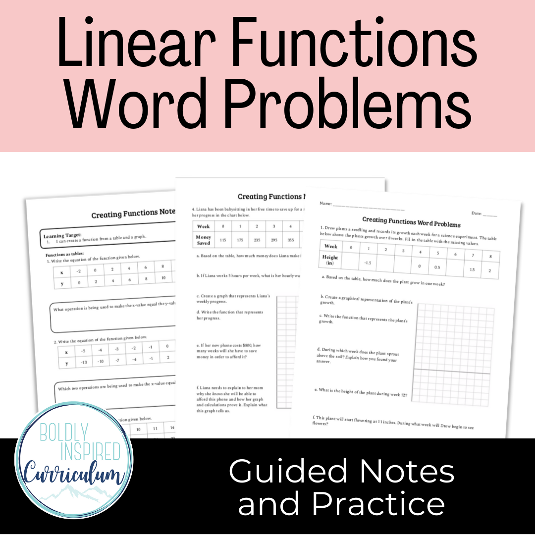 Linear Functions Guided Notes with Word Problems