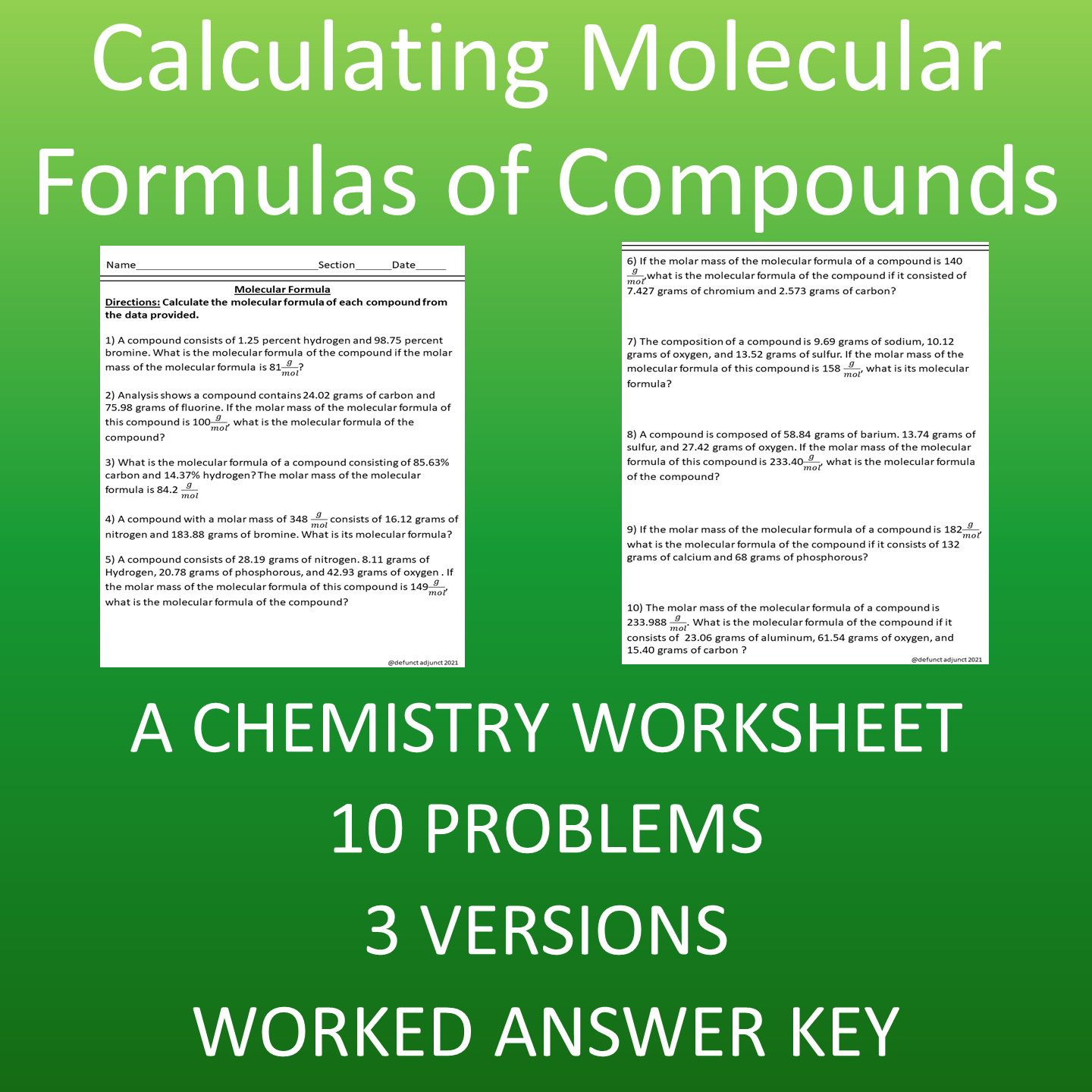 Molecular Formula Chemistry Worksheet 10 Problems