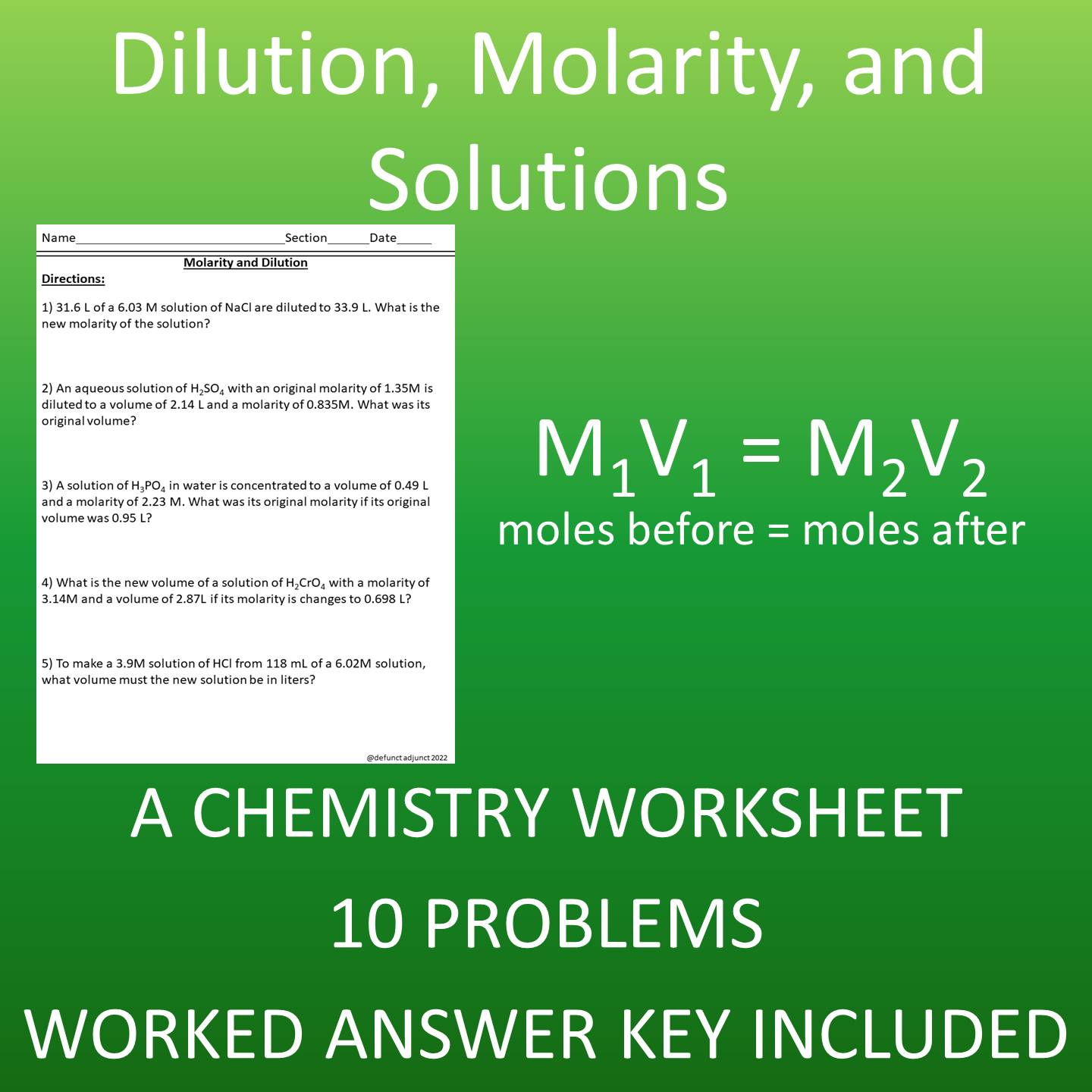 Dilution, Molarity, and Volume Calculations: A Chemistry Worksheet