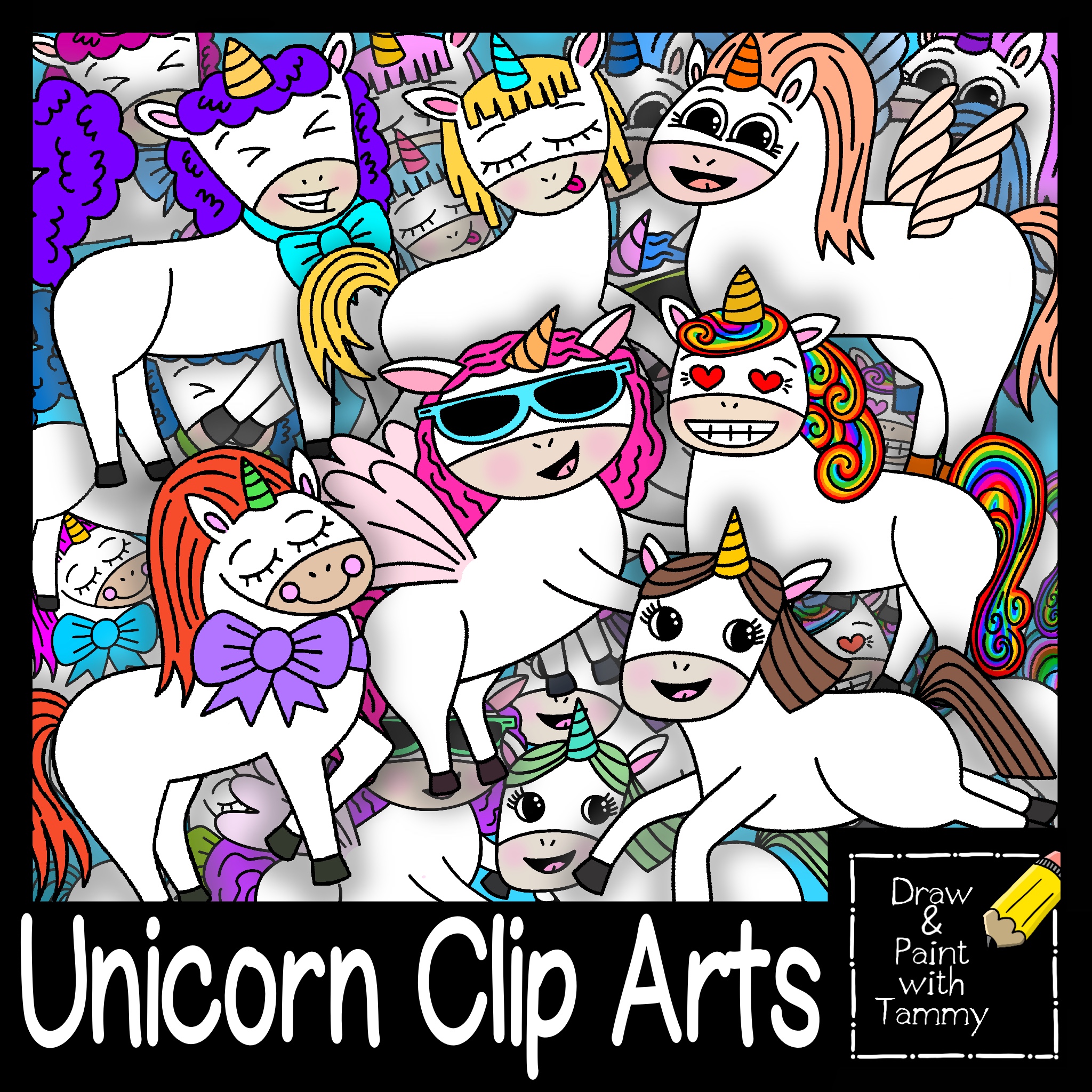 Unicorn Clip Arts with Printable PDF Coloring Pages