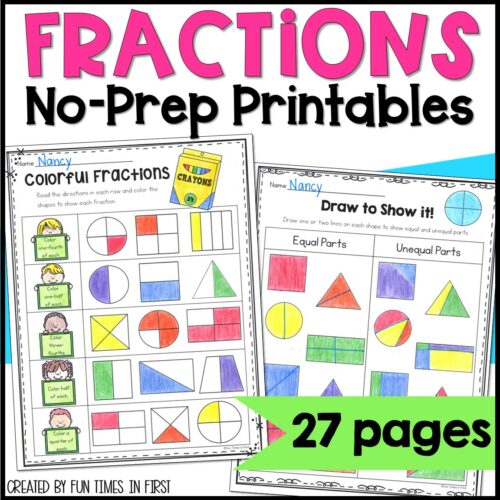 Fractions and Equal Parts - Halves, Fourths, and Thirds No Prep Worksheets for 1st Grade's featured image