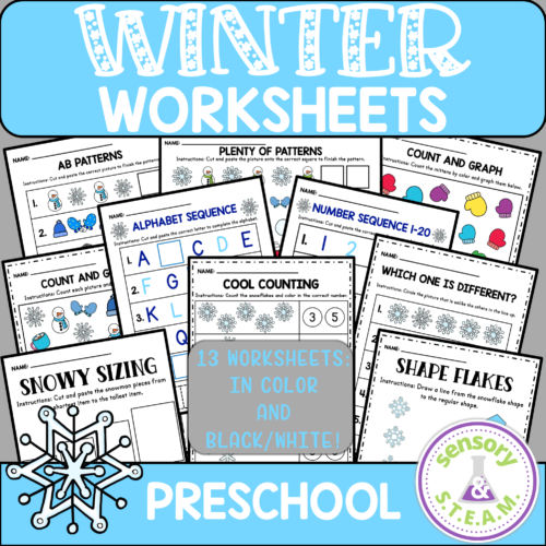 WINTER No-Prep Worksheets January Preschool | math patterns count graph shapes's featured image