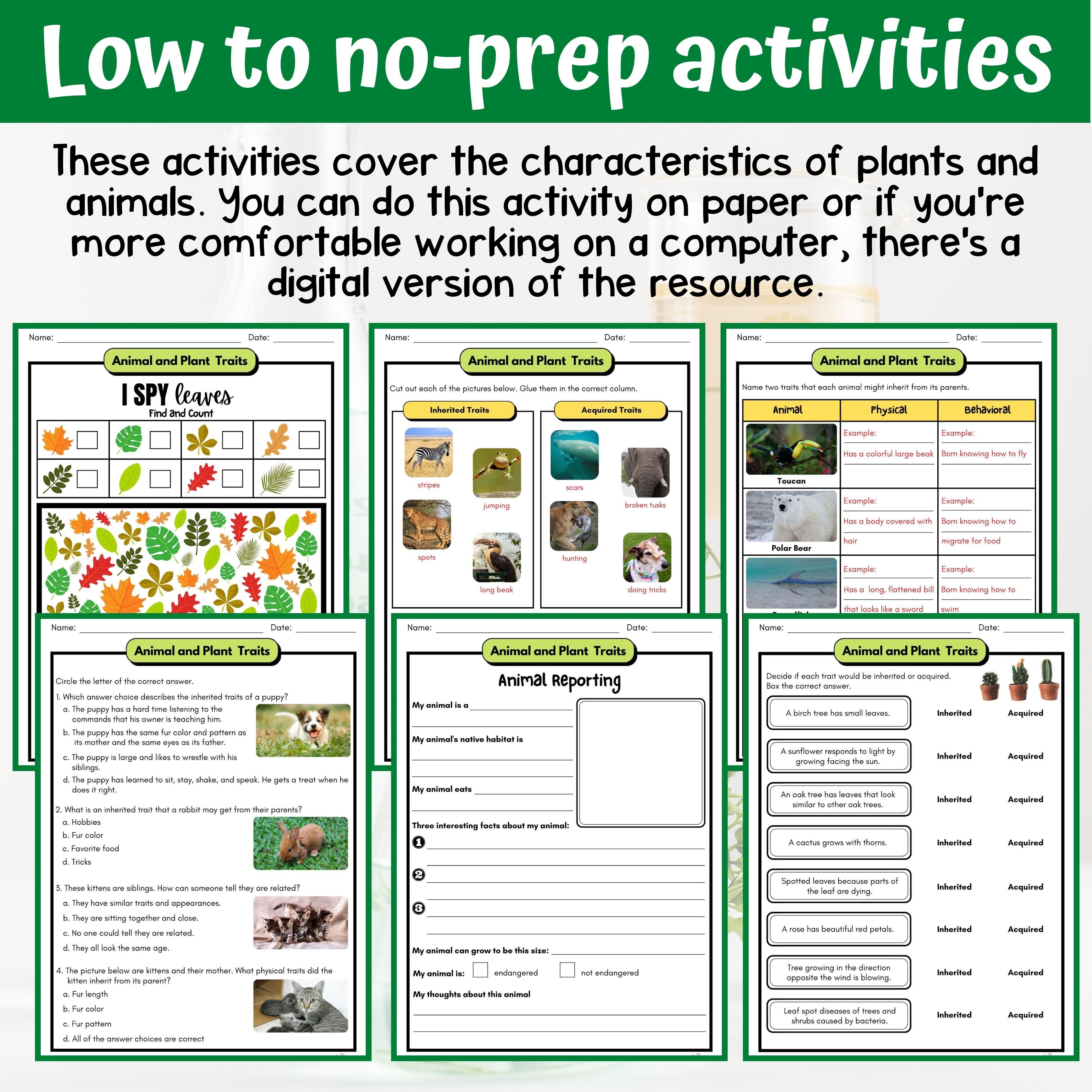 Animal And Plant Traits Activity & Answer Key 4th Grade Life Science ...