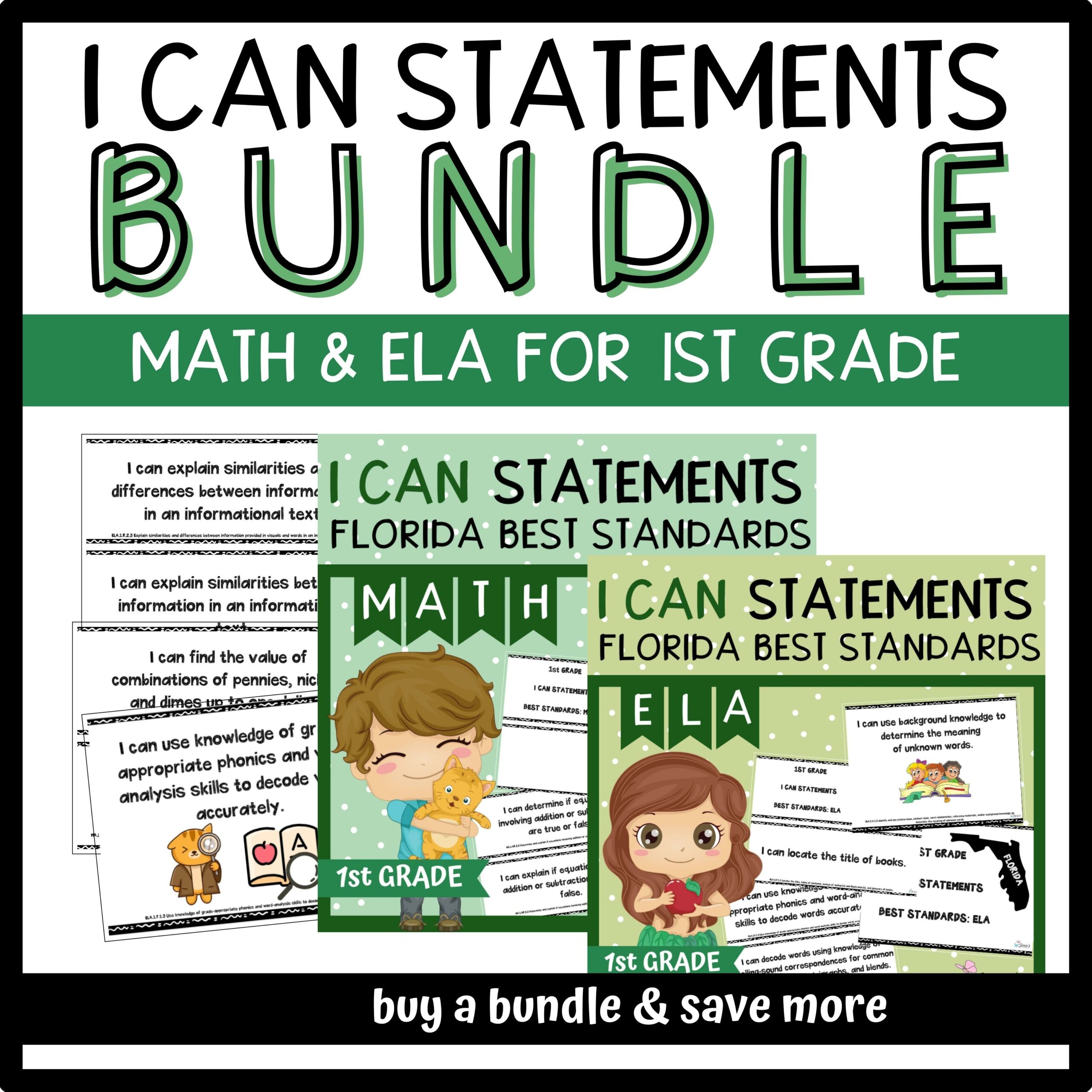 Florida BEST Standards- 1st Grade MATH & ELA I Can Statements - BUNDLE ...