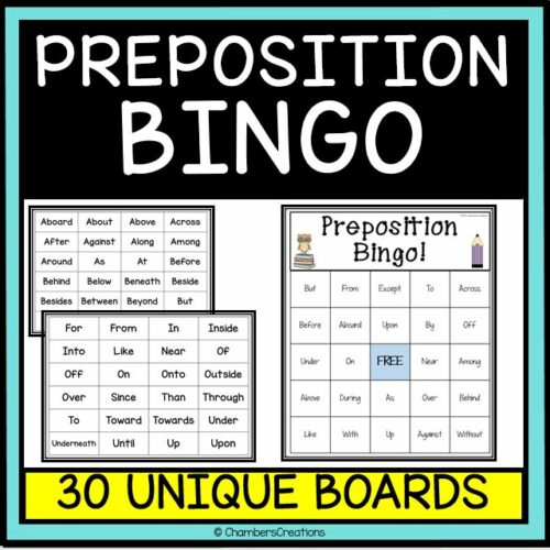 Prepositions Bingo review game and activity's featured image