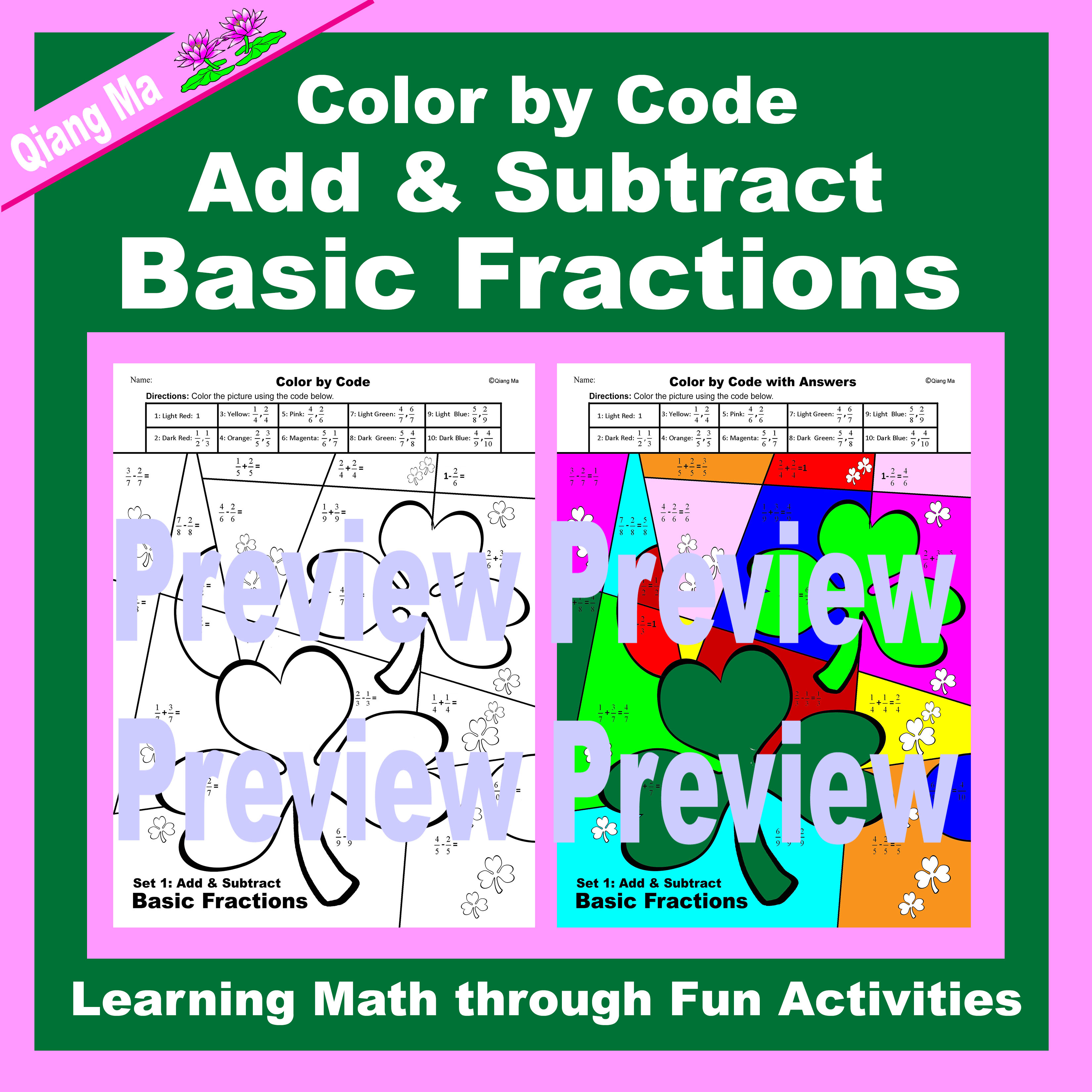 St. Patrick's Day Color by Code- Add and Subtract Basic Fractions ...