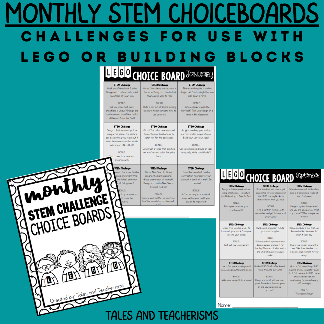 Monthly STEM Challenge Choice Boards: for use with LEGO® or Building Blocks