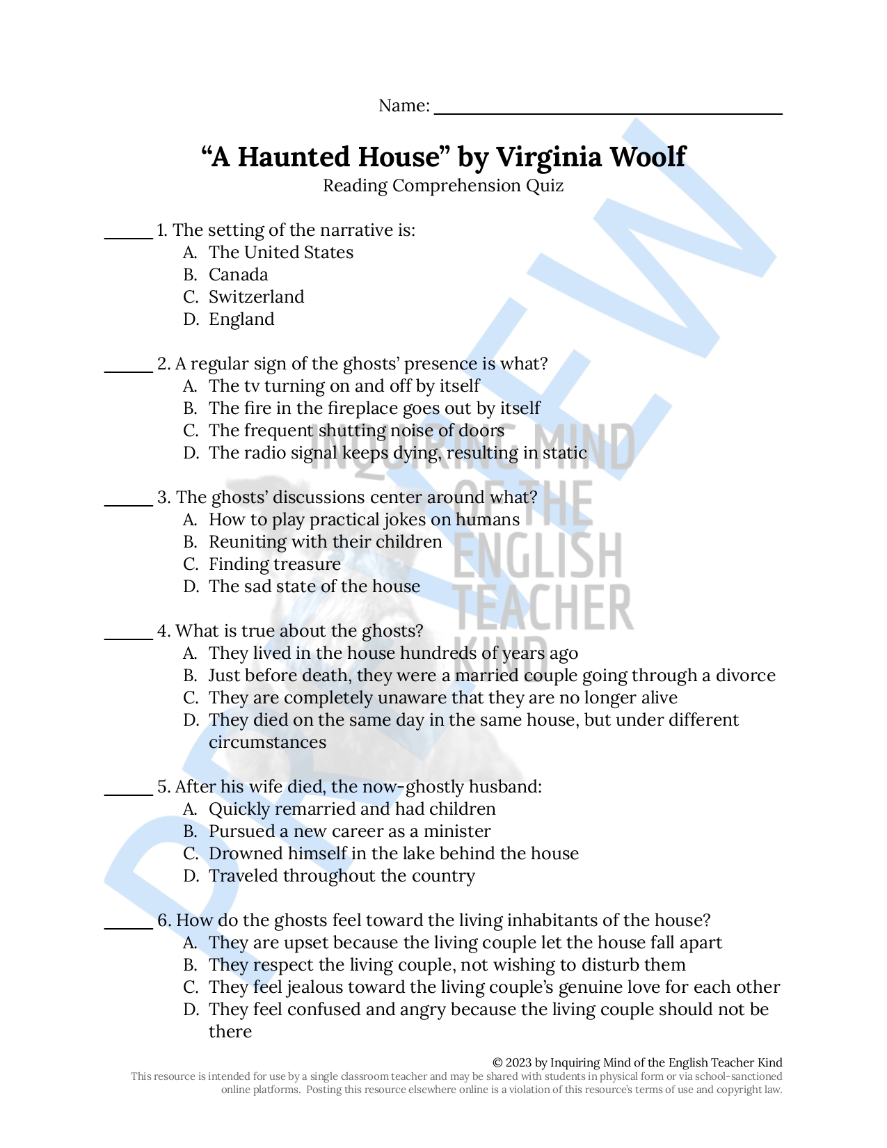 A Haunted House by Virginia Woolf Quiz and Answer Key - Classful