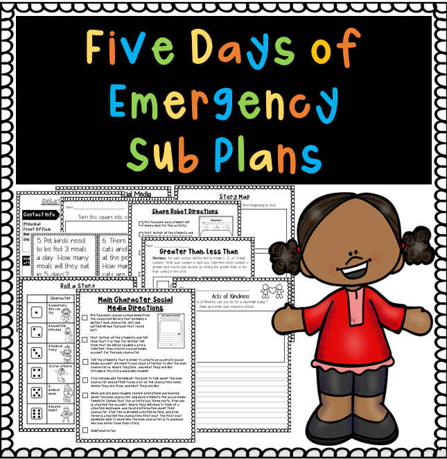 5 Days of Editable No-Prep Emergency Sub Plans for K-2nd Grade