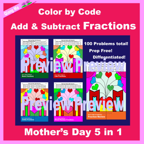 Mother's Day Color by Code: Add and Subtract Fractions 5 in 1 Bundle's featured image