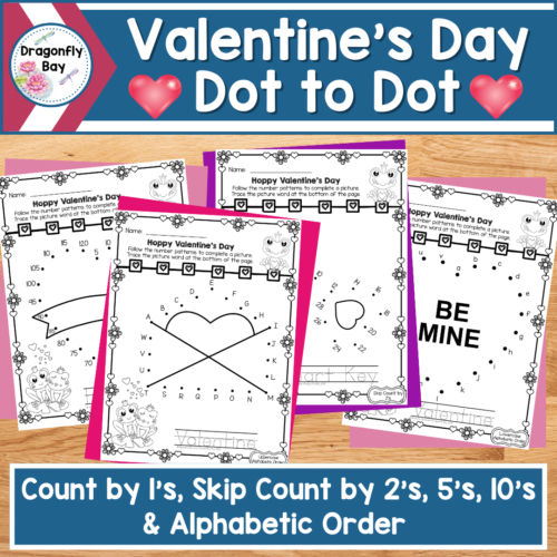 Valentines Day Dot to Dot by 1s Skip Count by 2s 5s 10s and Alphabetic Order's featured image
