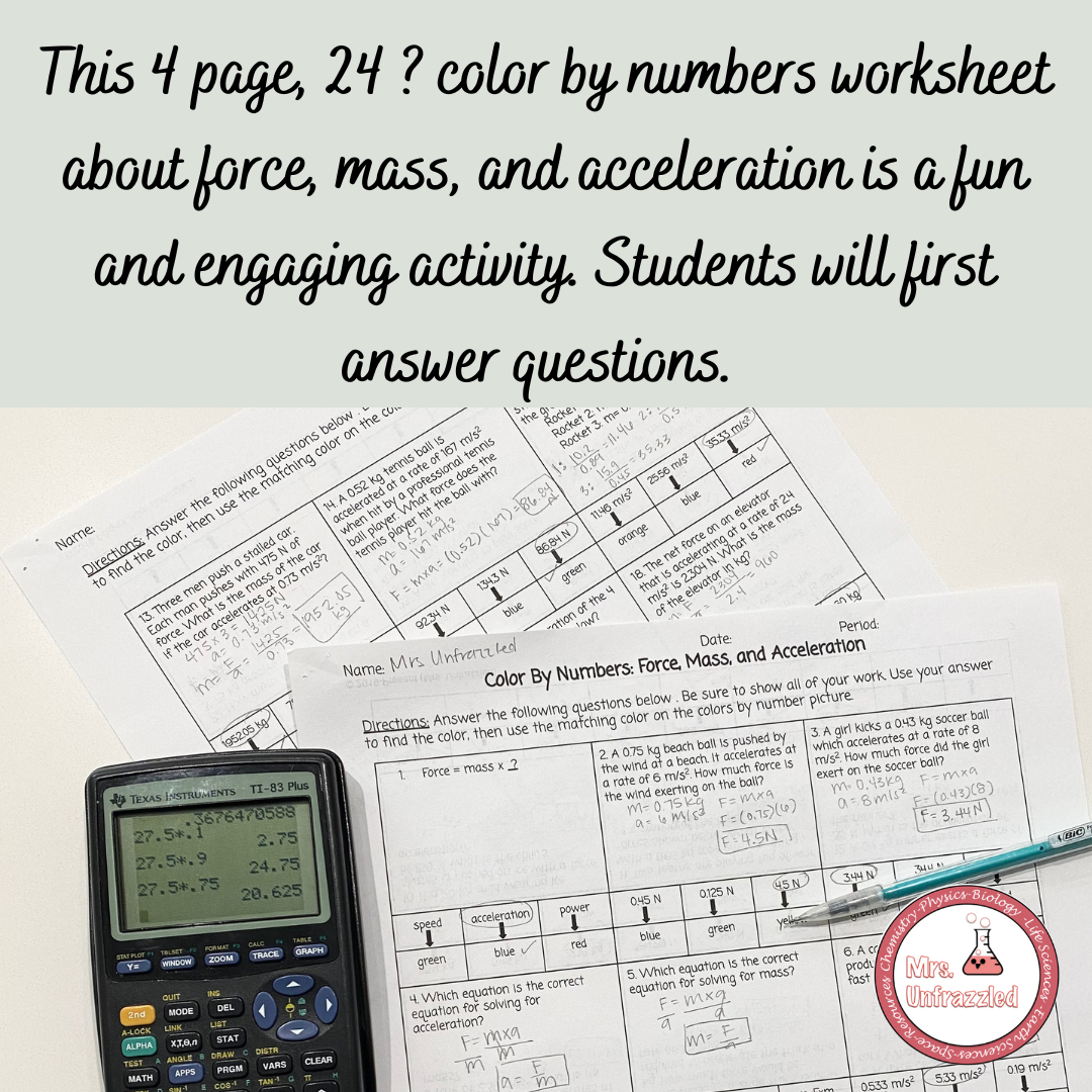 Color By Numbers- Newtons 2nd law- force, mass, and acceleration - Classful