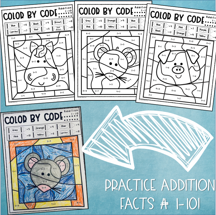 Color by Code Math Numbers 1-10 Addition Fluency Animals - Classful