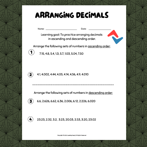 Maths: Ordering Decimals-Ascending and Descending (Answer Key Included)'s featured image
