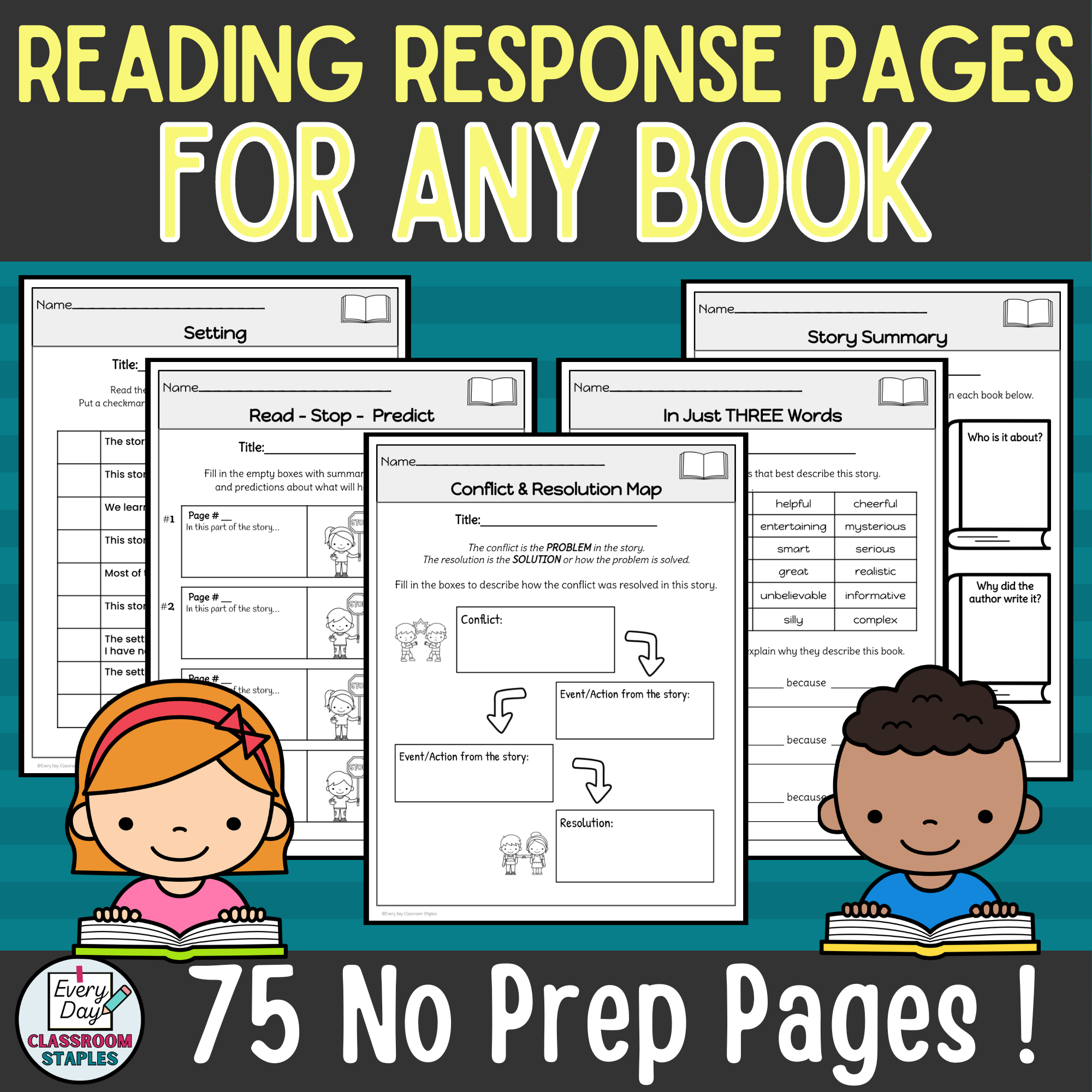 Story Elements Reading Comprehension Worksheets Graphic Organizers for ANY Book