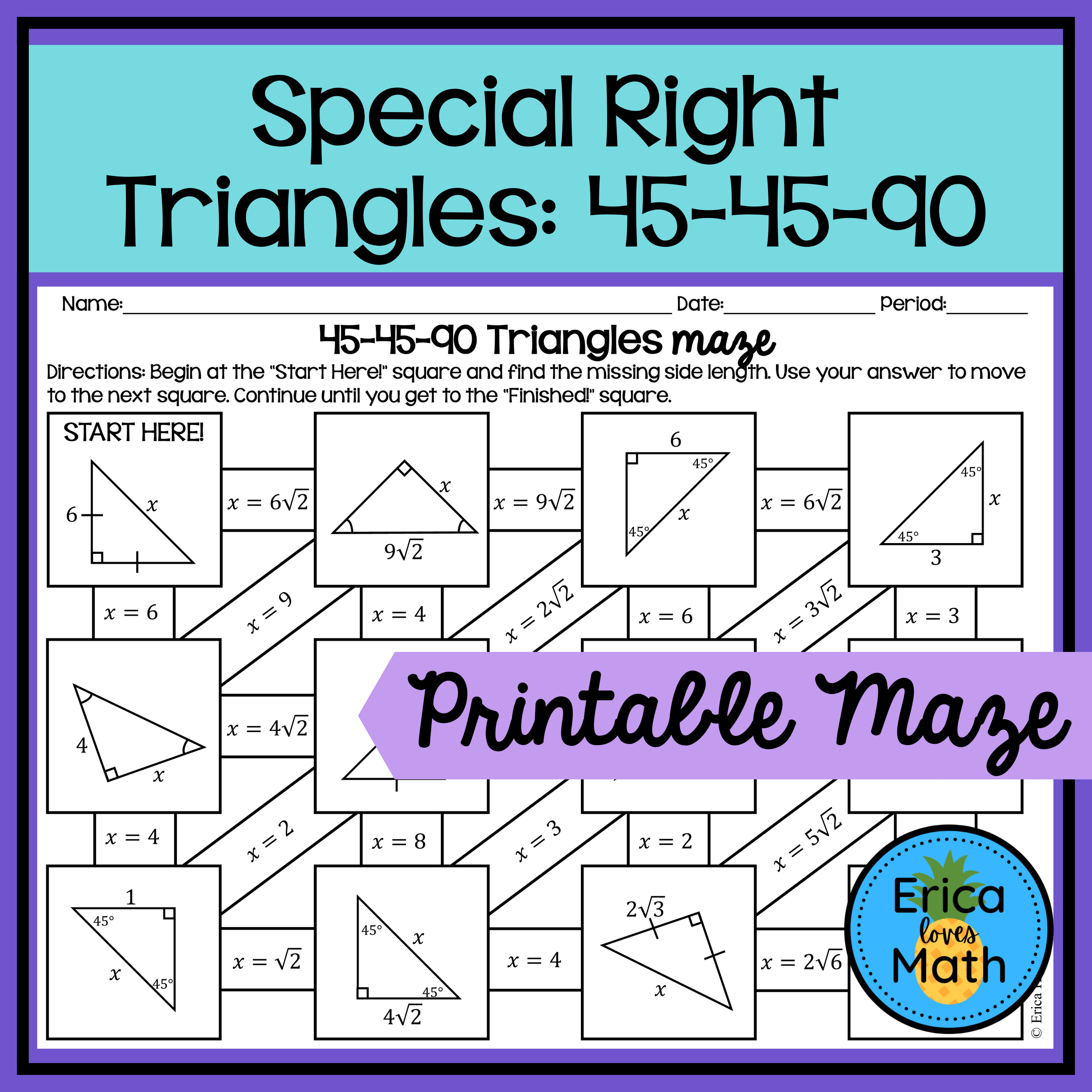 45 45 90 Special Right Triangles Activity Maze Classful 3625