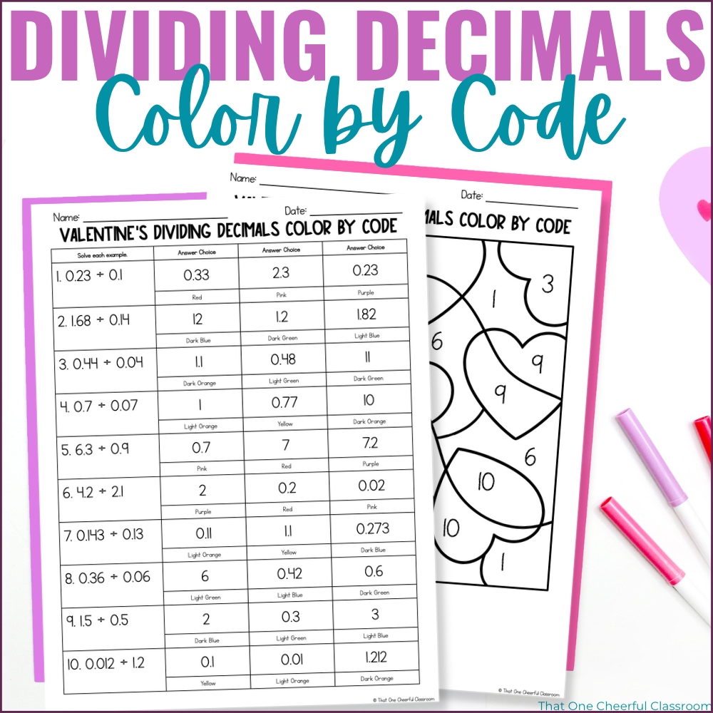 Valentine's Day Dividing Decimals Color by Code