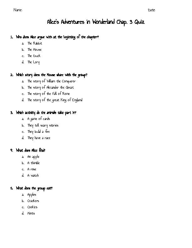 Alice's Adventures in Wonderland Chapter Quizzes Printable Classful