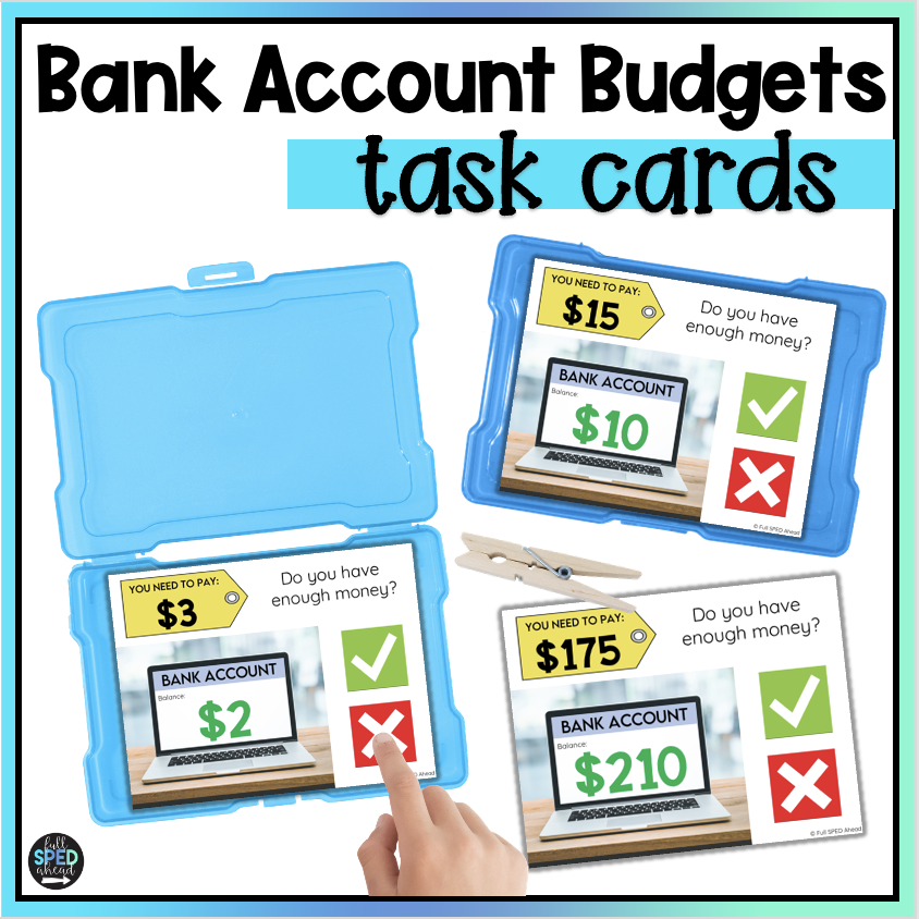 Money Management and Budgeting Bank Account Task Cards for Special Education