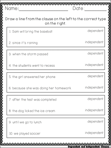 Super Simple Worksheets ~ Grammar ~ Dependent Clauses and Independent ...