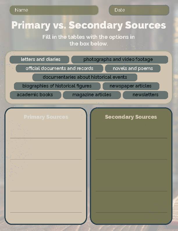 Primary Vs. Secondary Sources Worksheet