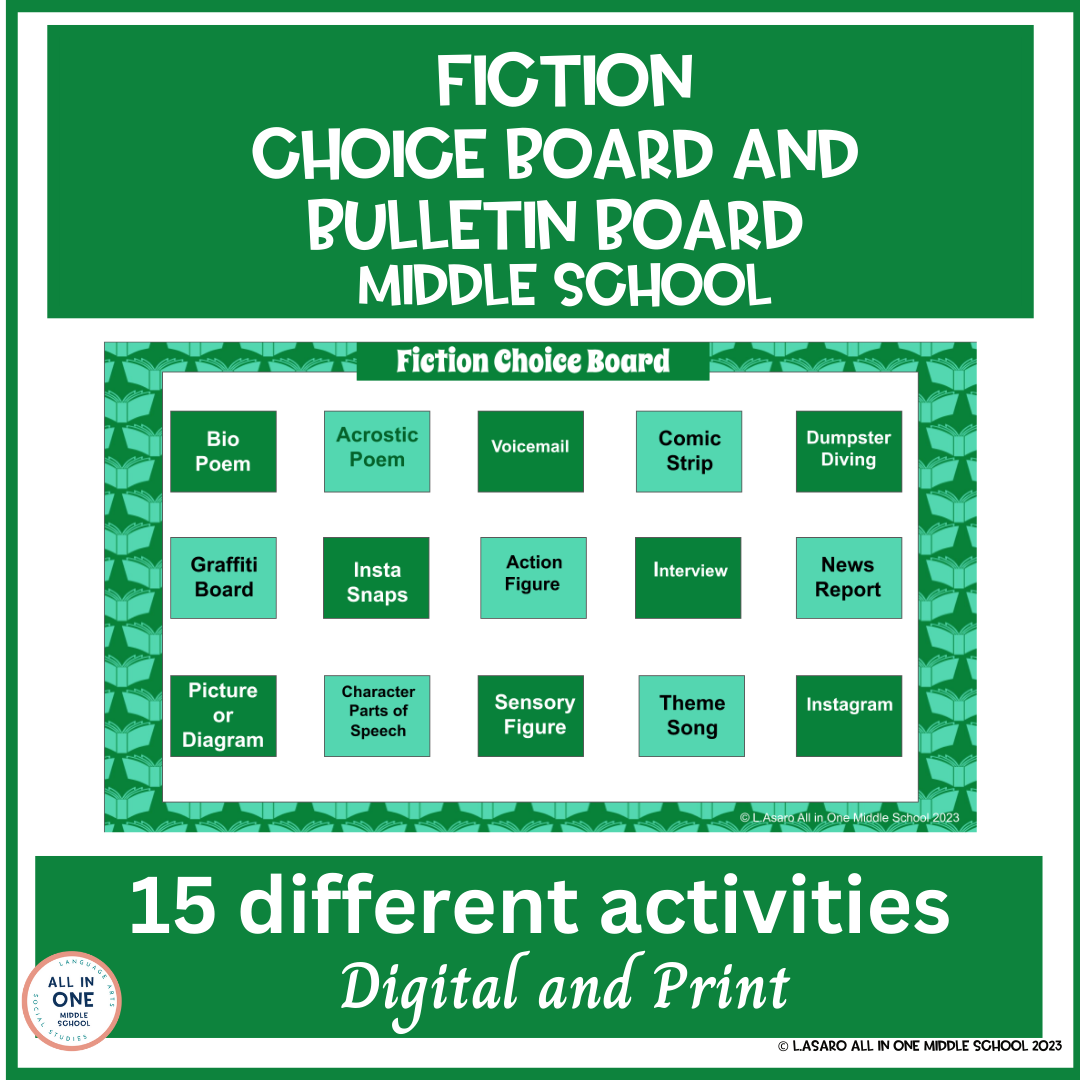 Fiction Choice Board Activities for Middle School