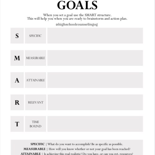 SMART Goals for High School PDF for counselors, social workers and