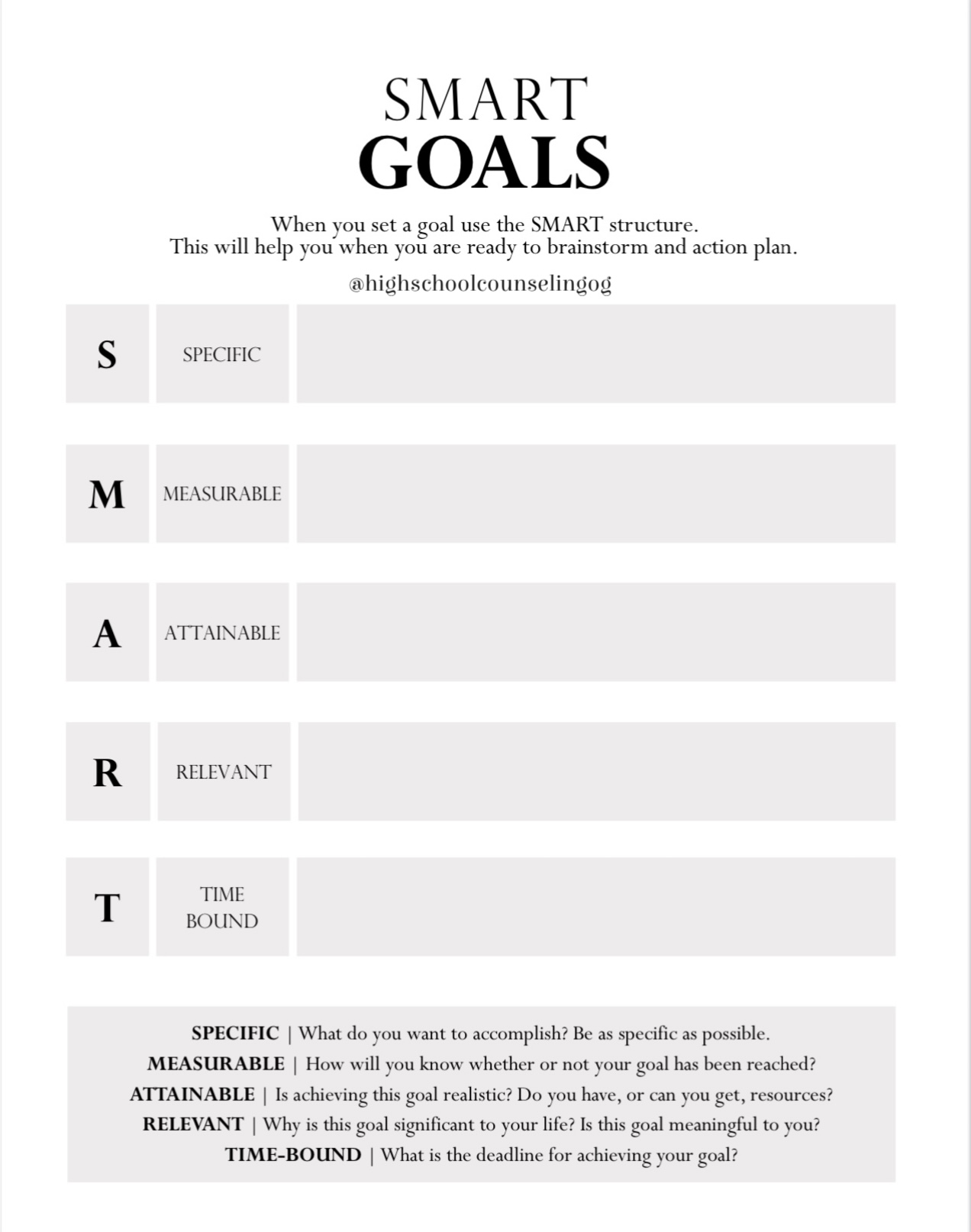 SMART Goals for High School PDF for counselors, social workers and ...