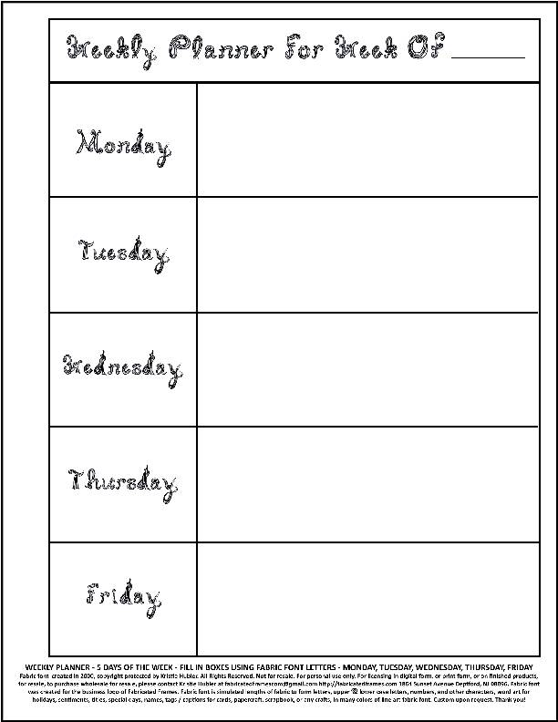 Weekly Planner 5 Days Week Of Fill In Vertical Sheet Black Fabric Font ...