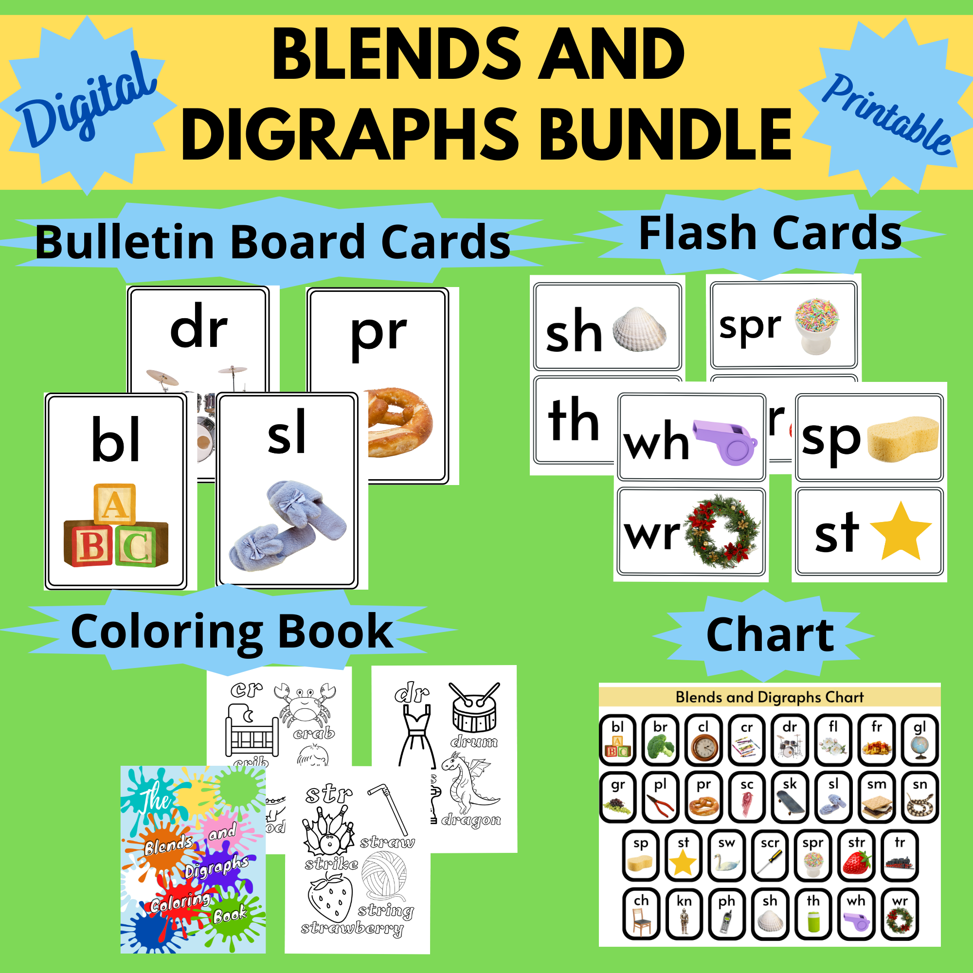 Blends & Digraphs Bundle,Blends & Digraphs Cards,Blends & Digraphs Coloring,Blends & Digraphs Chart,Phonics Bundle