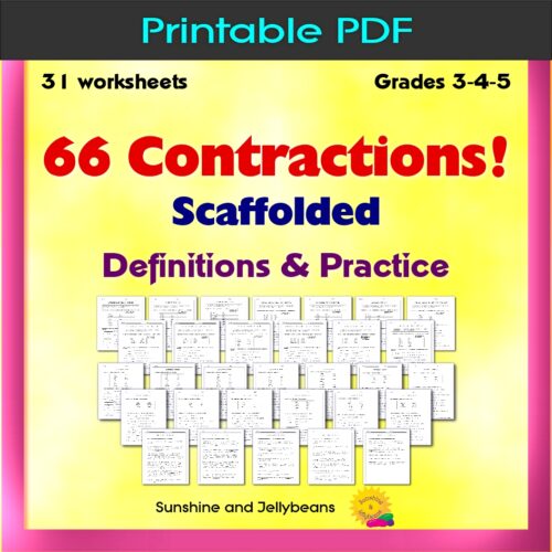 66 Contractions! - 31 worksheet pages - Scaffolded - Grades 3-4-5 - CCSS's featured image