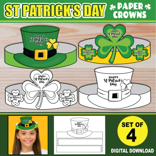 St Patrick’s Day Paper Crowns | St Patricks Leprechaun Hat Paper Crown Headband /Craft Activity Party Favors + Coloring's featured image