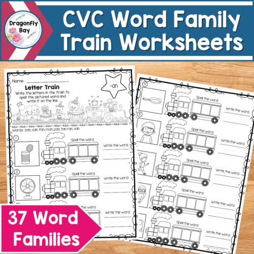 37 CVC Word Family Spelling Train Printable Worksheets NO PREP's featured image