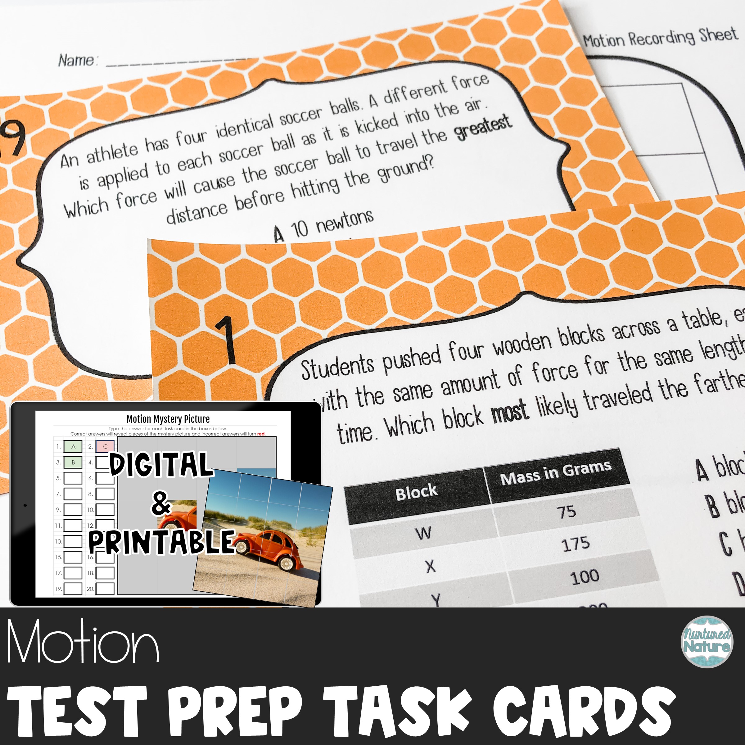 Force and Motion - Science Test Prep Task Cards – Review Mass and Distance