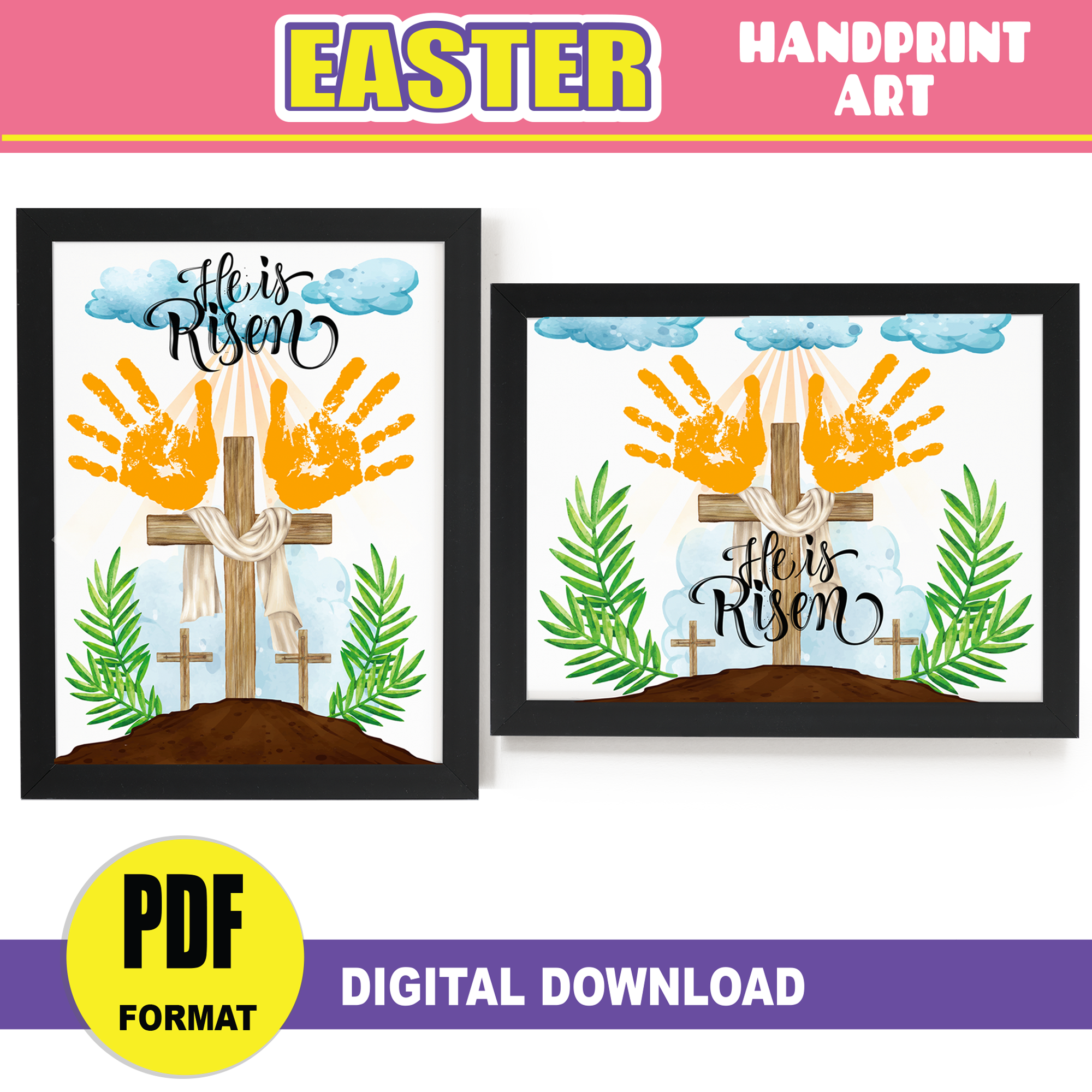 Easter Handprint Art Craft | Cross He Is Risen Religious Handprint PRINTABLE | Sunday School Activity Craft Preschool