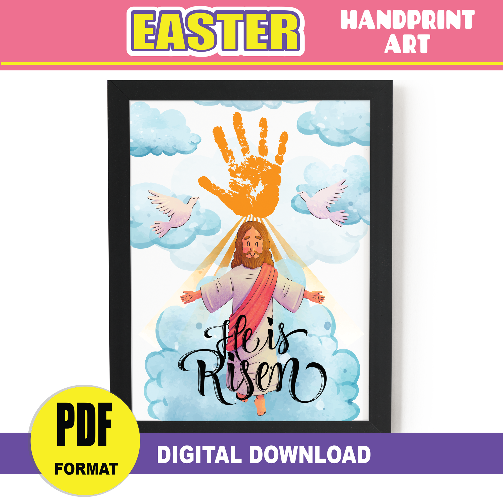 Easter Handprint Art Craft | Jesus He Is Risen Religious Handprint PRINTABLE | Sunday School Activity Craft Preschool