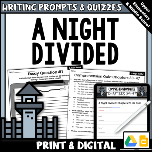 A Night Divided Novel Study Quizzes, Essay Questions and Writing Prompts - Printable and Digital - Google Apps's featured image