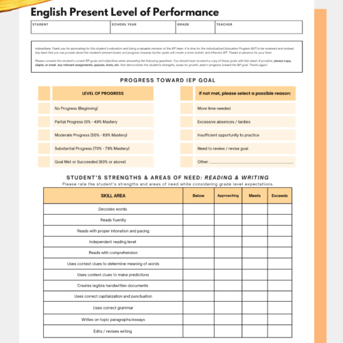 Present Levels of Performance Form - English's featured image