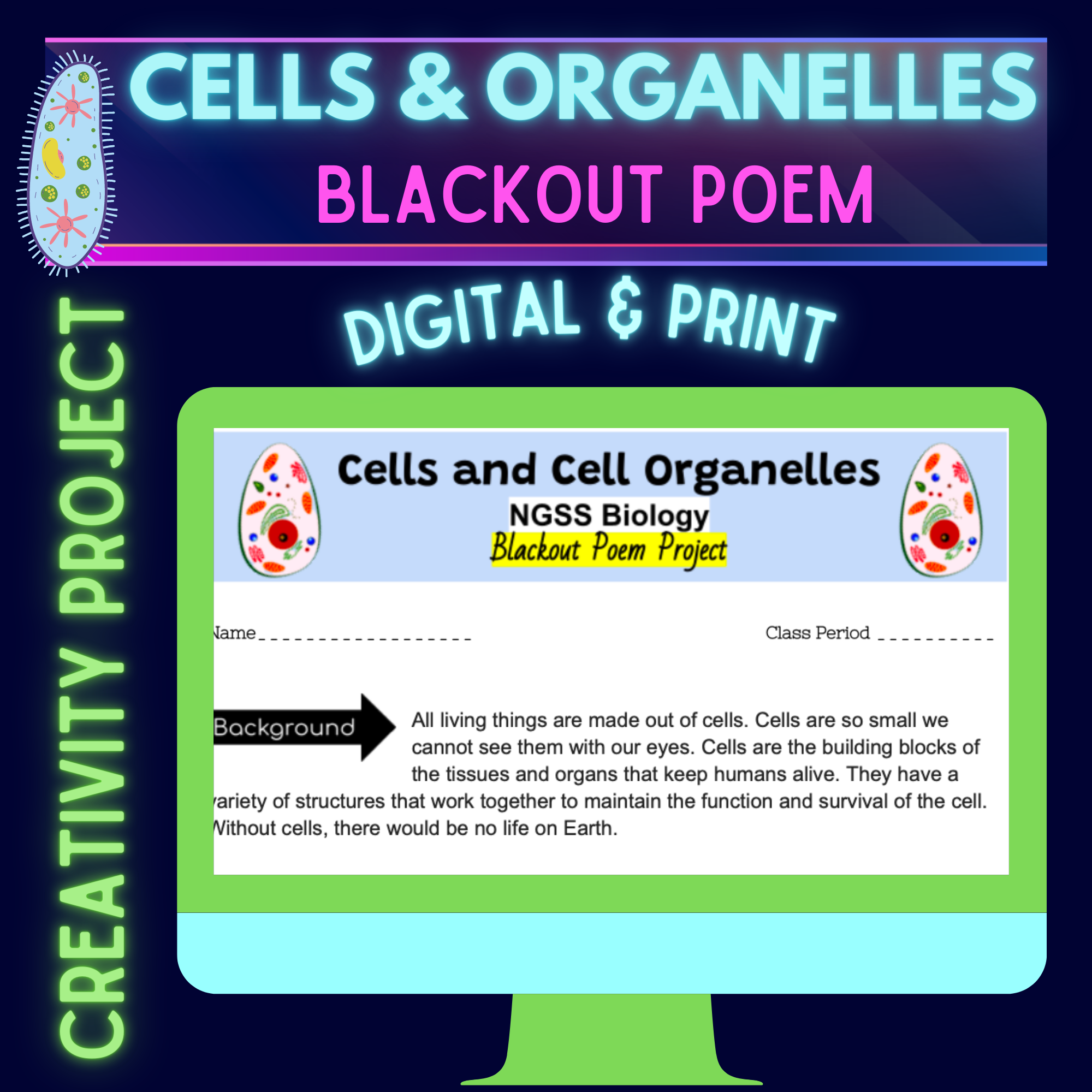 Cells and Organelles Blackout Poem Biology Project NGSS Activity Get Creative!