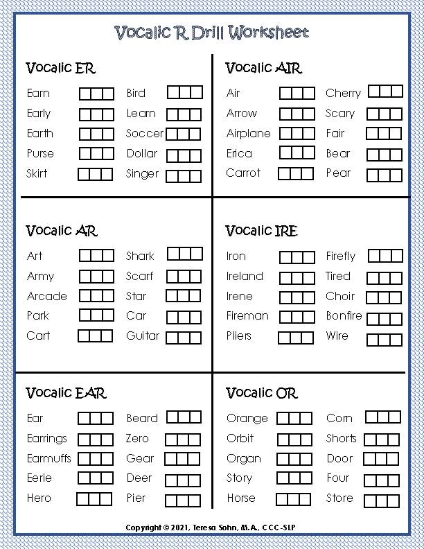FREE Vocalic R Articulation Drill Worksheet