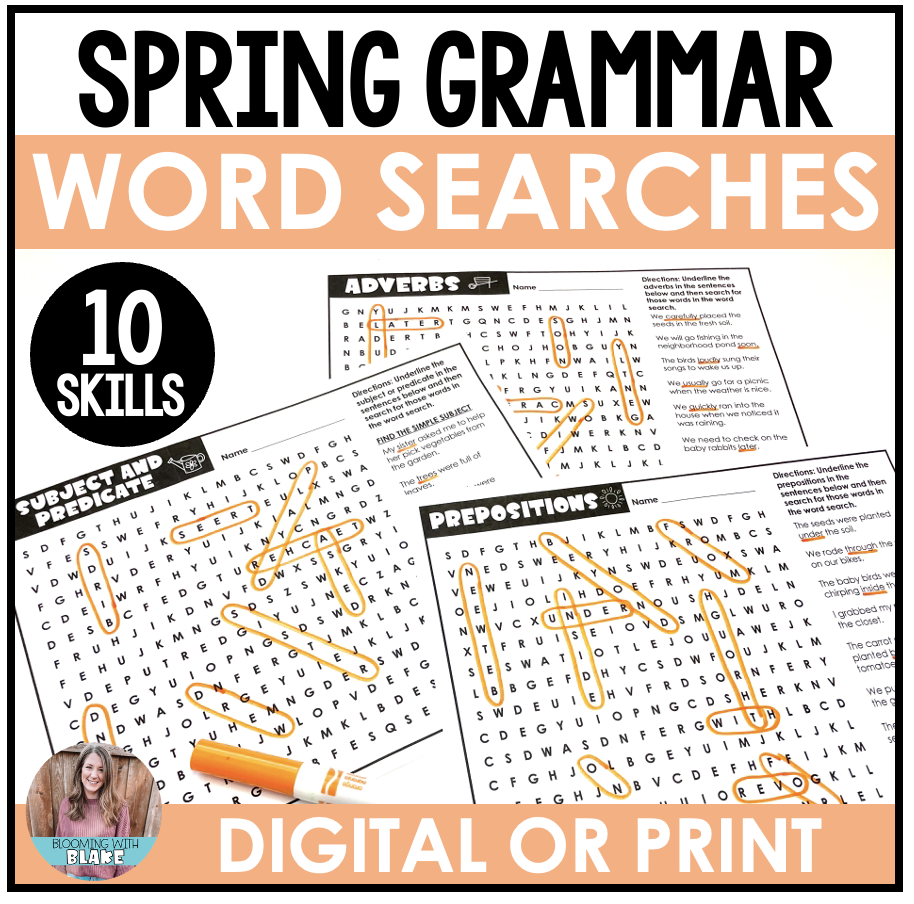 Spring Grammar Practice Word Searches - Parts of Speech Review Worksheets