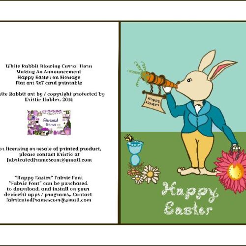 White Rabbit Blowing Carrot Horn Happy Easter Fabric Font Card Printable's featured image