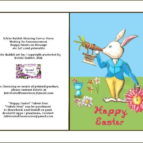 White Rabbit Blowing Carrot Horn Happy Easter Pink Fabric Font Card Printable's featured image