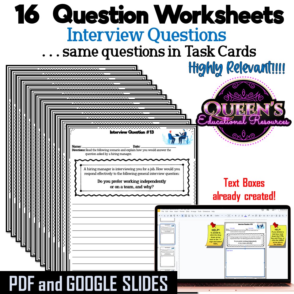 Interview Questions Task Cards and Worksheets, Career Readiness - Classful