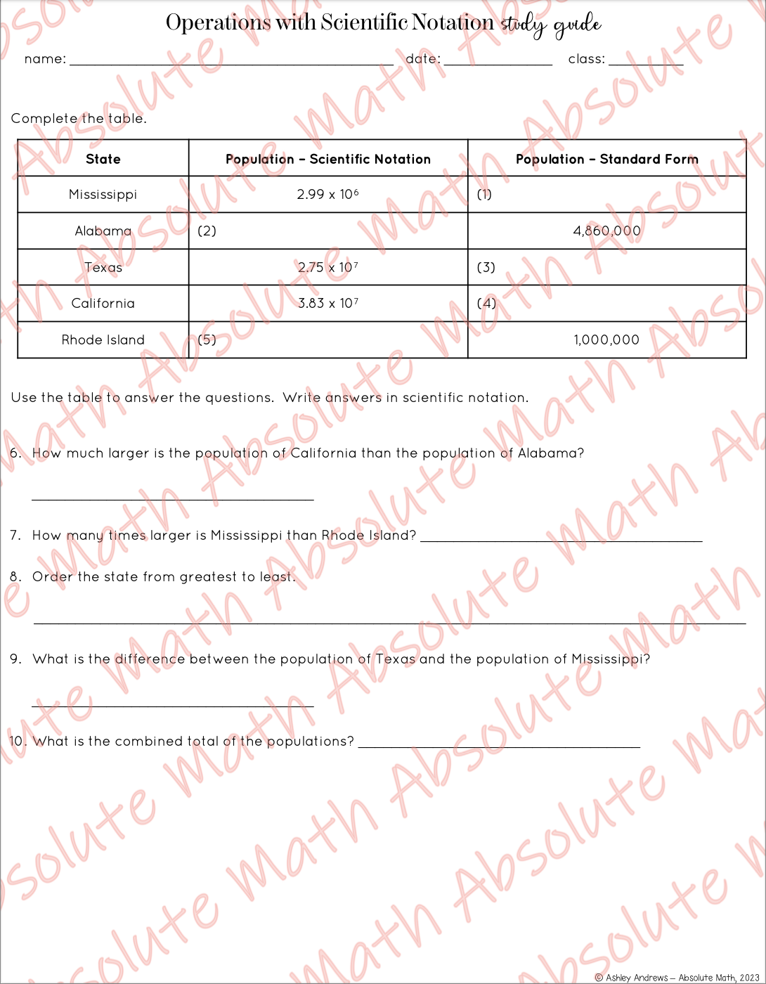 Operations with Scientific Notation Study Guide - Classful
