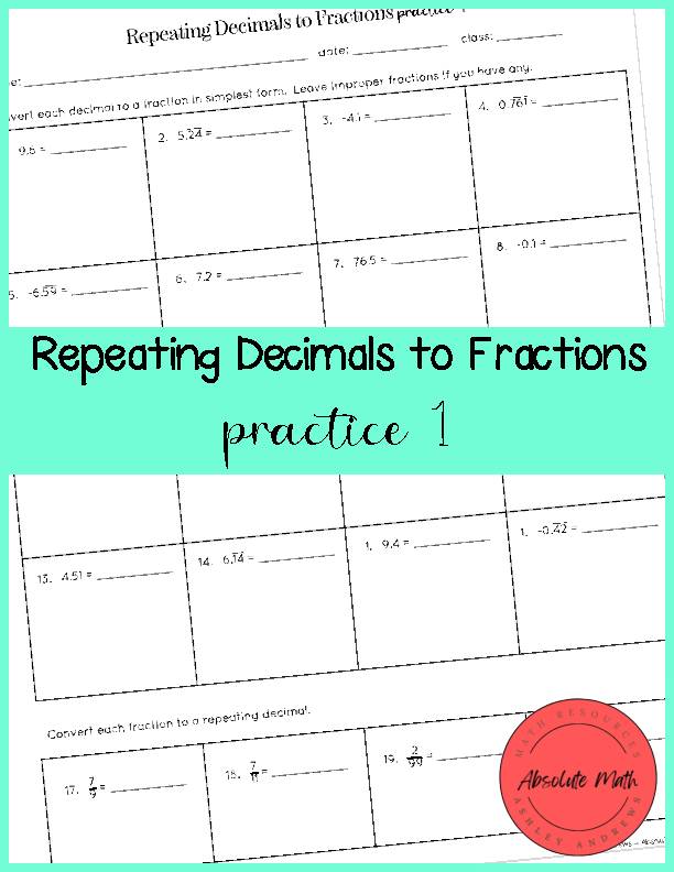 Repeating Decimals to Fractions Practice 1