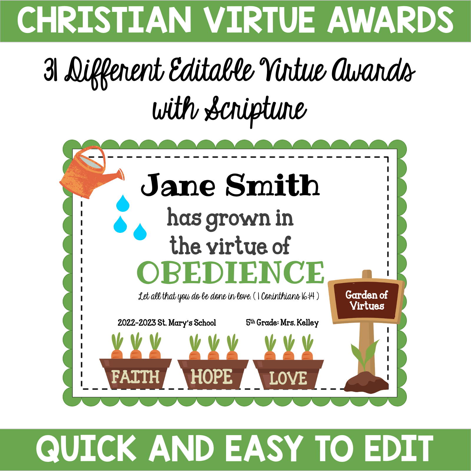 Editable Christian Virtue Awards: Growing in Virtue