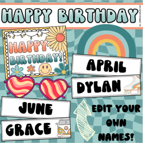 Happy Birthday Bulletin Board Display Posters Groovy Retro Vibes Theme Editable's featured image